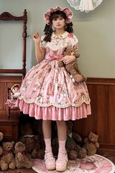 Robe Sweet Lolita à manches courtes avec imprimé mural de poupée ours rose, volants, broderie et nœud papillon
